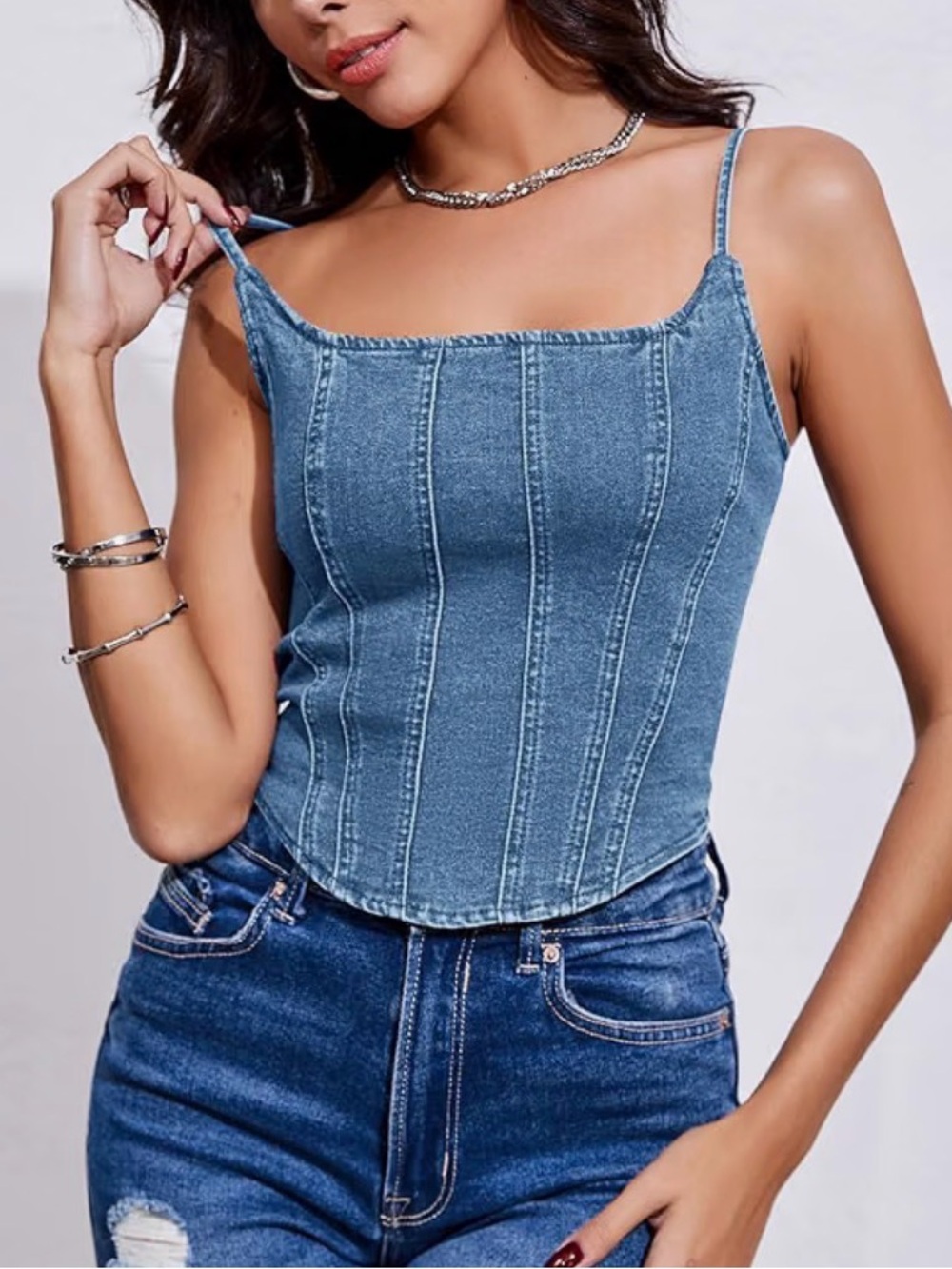 Washed Denim Blue Spaghetti-Strap Corset Cami - Women